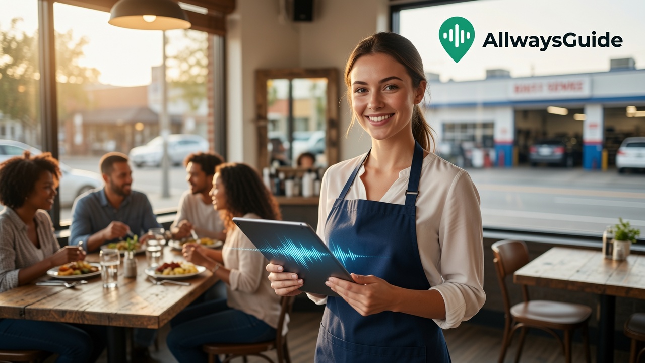 A restaurant professional uses AllwaysGuide AI voice technology while serving customers.